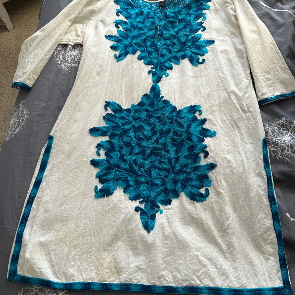 Elegant Cream Dress with Blue Embroidery